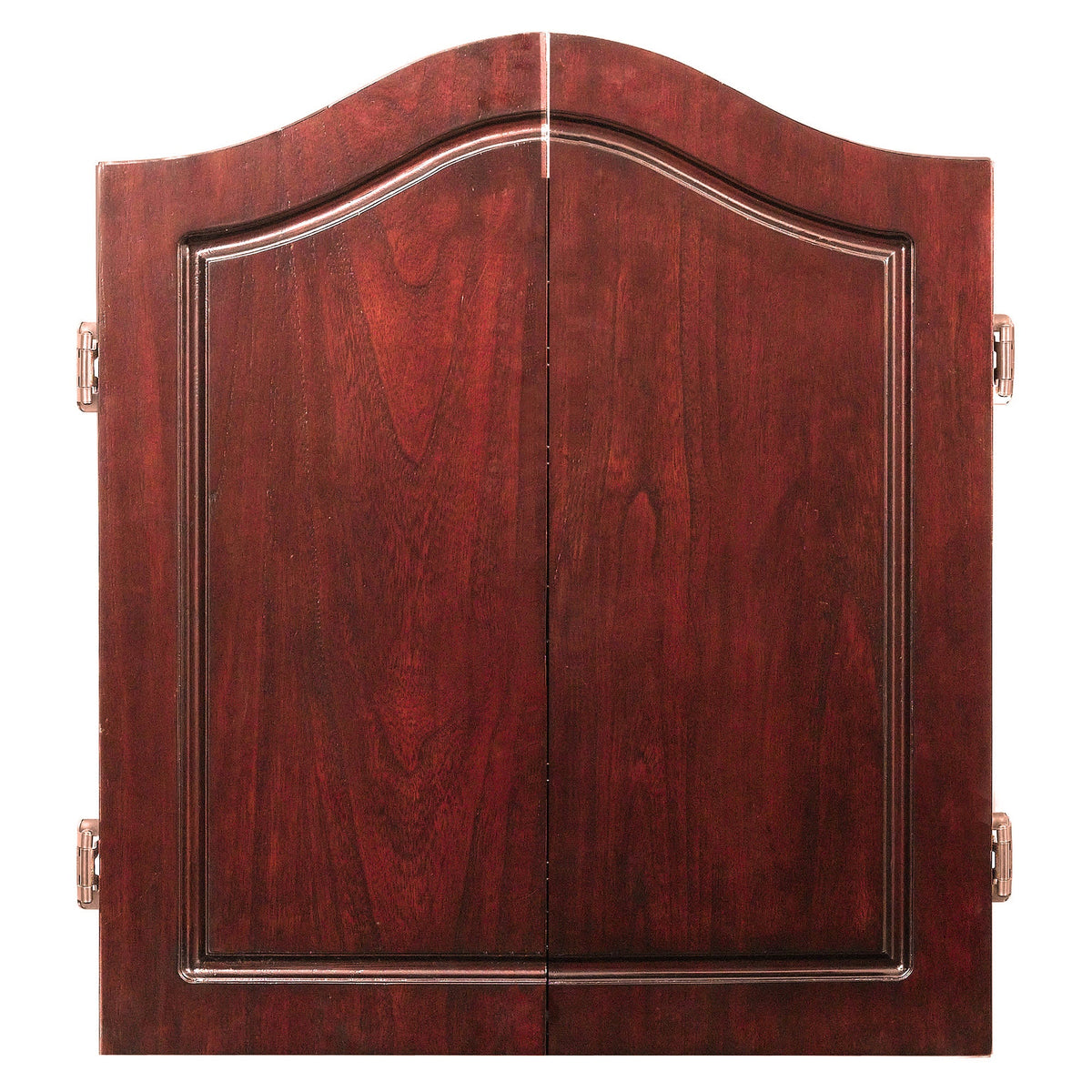 Hathaway Centerpoint Dartboard Cabinet - cabinet closed showing the arched dark cherry doors