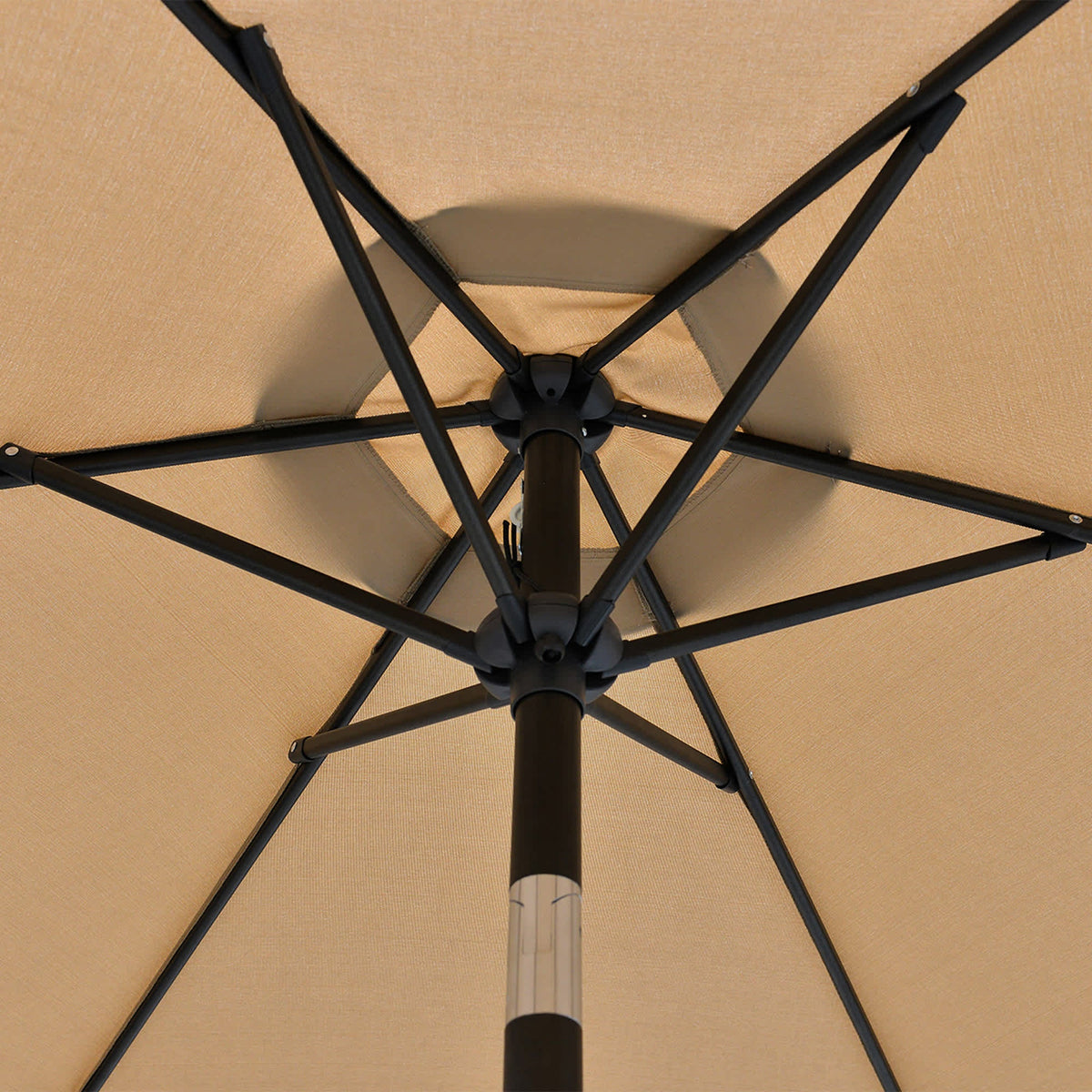 Island Umbrella Bistro Hexagonal Umbrella - underside showing the six-rib frame and centre hub