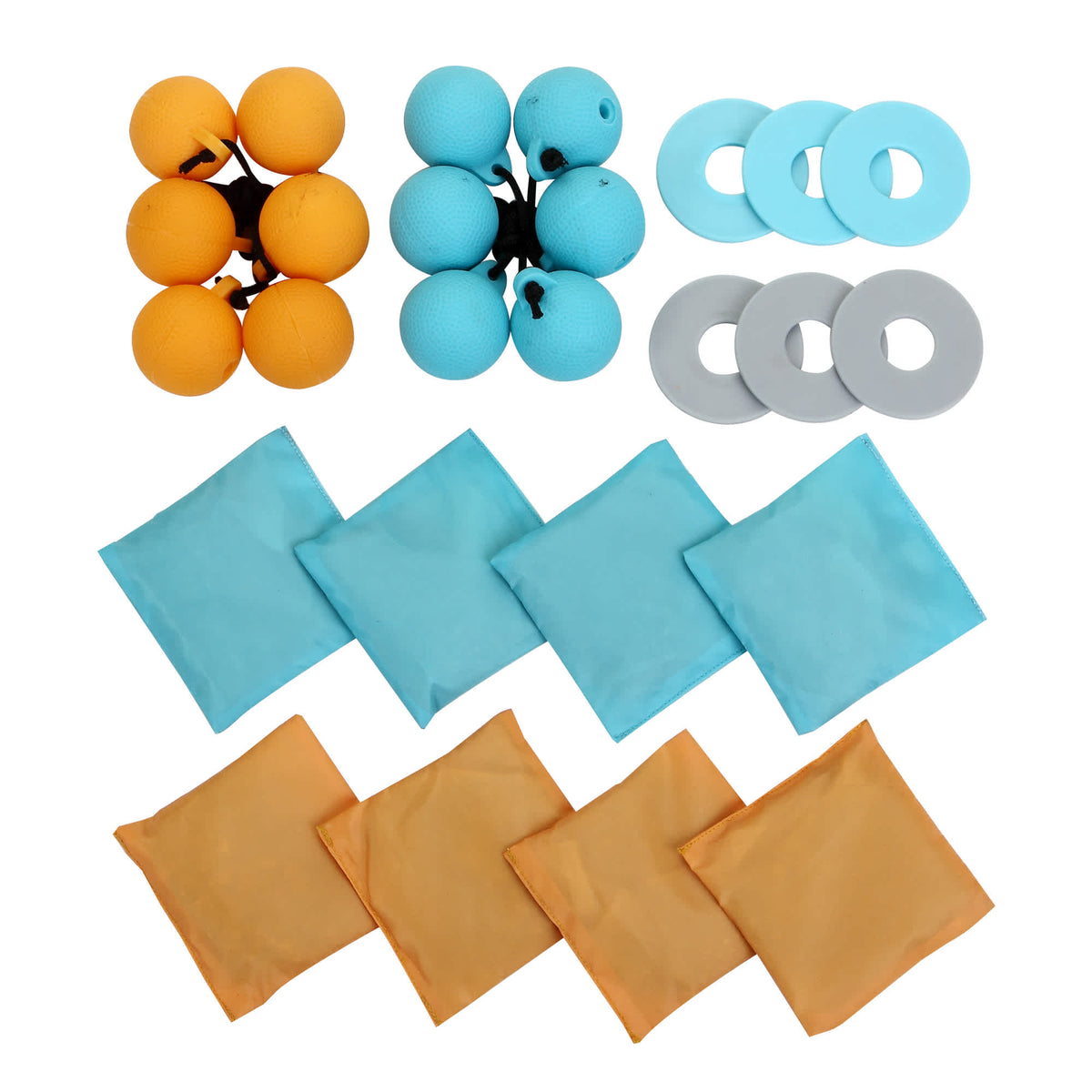 Hathaway Triple Play Toss Set - twelve bolas, six washers and eight bean bags laid out
