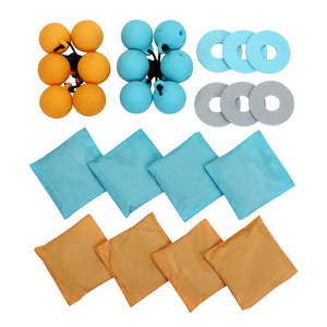 Hathaway Triple Play Toss Set - twelve bolas, six washers and eight bean bags laid out