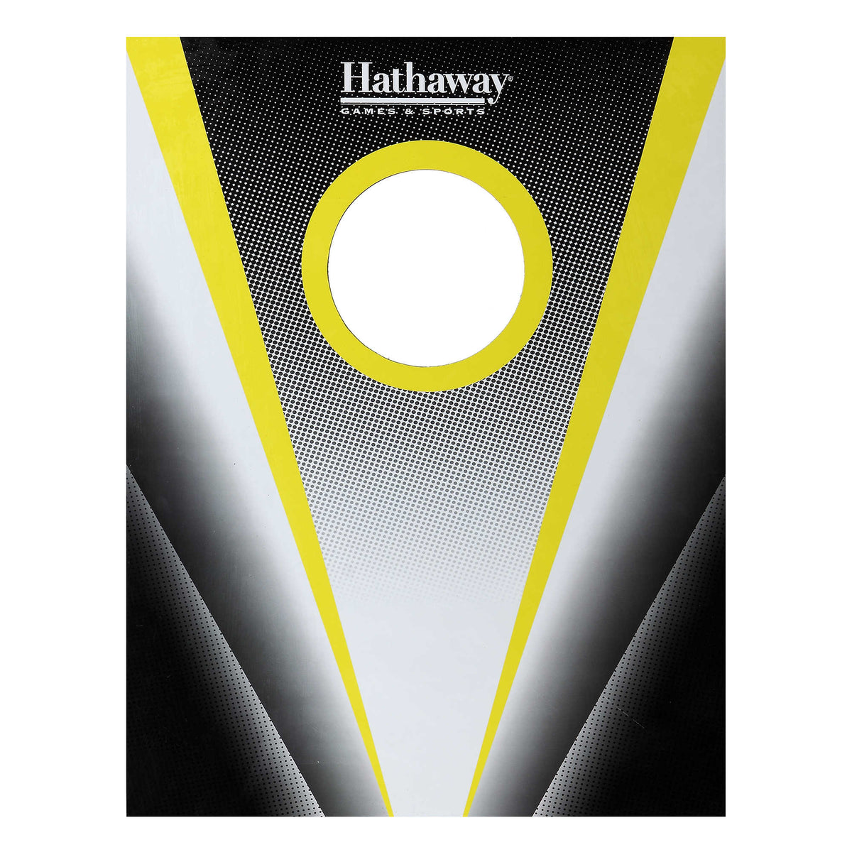 Hathaway Compact Cornhole Set - board face flat on, showing the target hole and chevron graphic