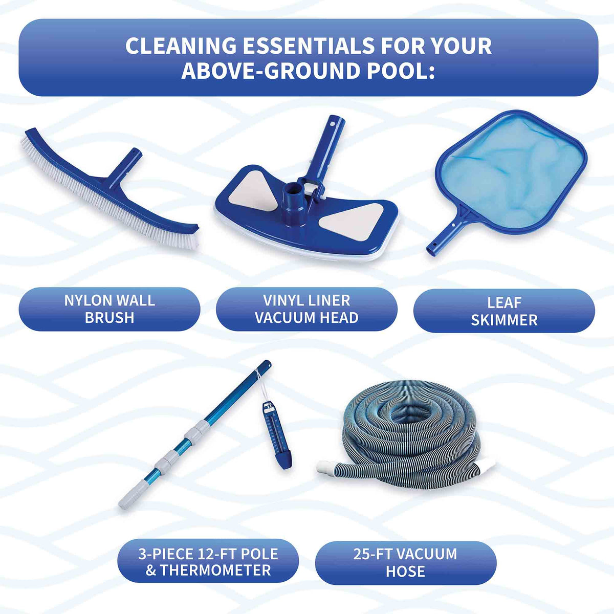 Blue Wave Economy Maintenance Kit - labelled contents: wall brush, vacuum head, skimmer, pole, 25-ft hose