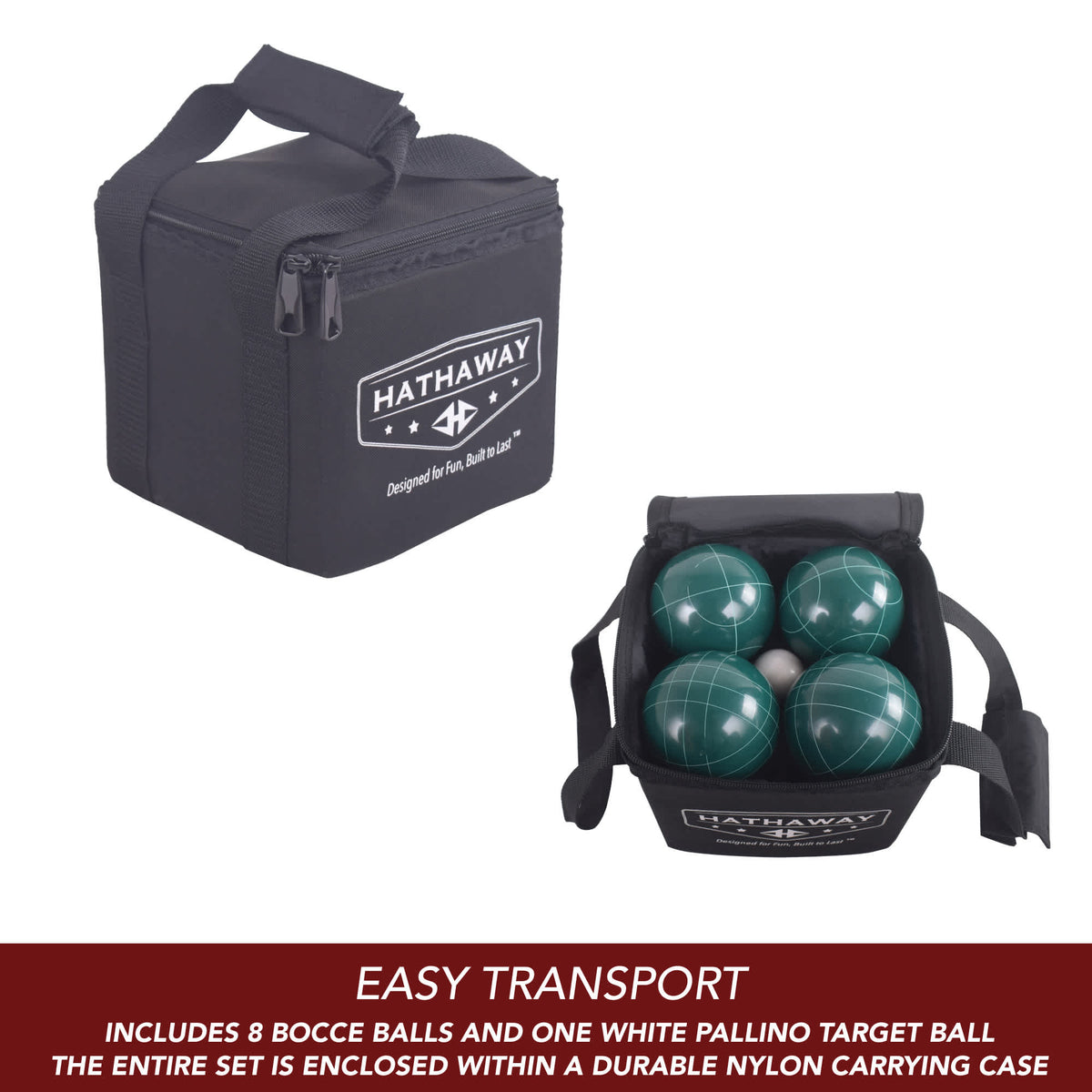 Hathaway Bocce Ball Set - contents: eight bocce balls, one white pallino and the nylon case