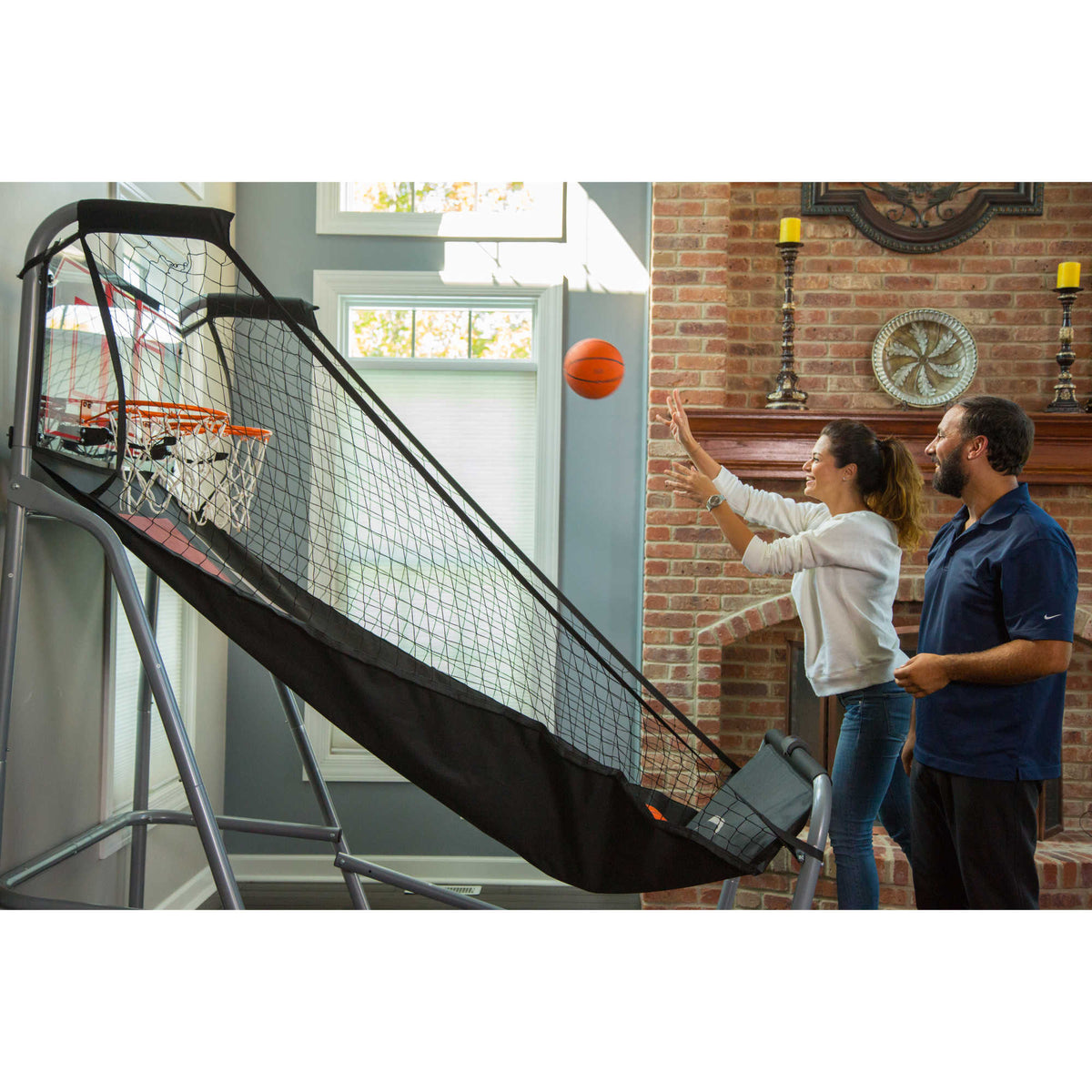 Hathaway Shot Pro Basketball Arcade - two players shooting at the twin hoops in a living room