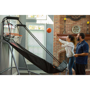 Hathaway Shot Pro Basketball Arcade - two players shooting at the twin hoops in a living room