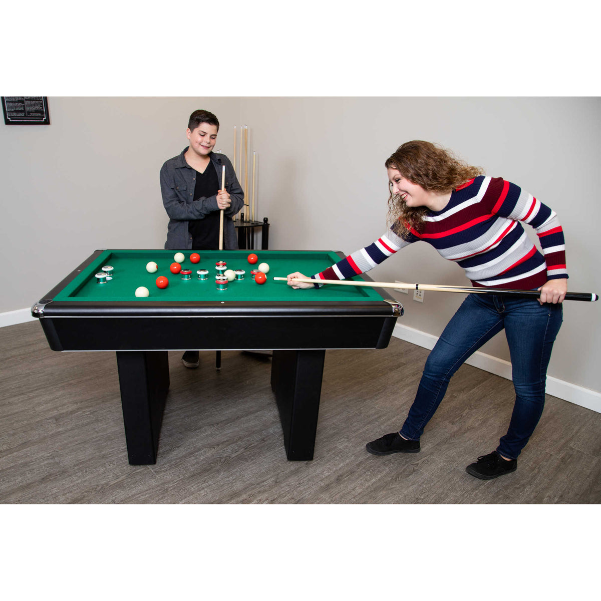 Hathaway Renegade 54-in Bumper Pool Table - Slate - Black with Green Felt Game Room Table — shown in use