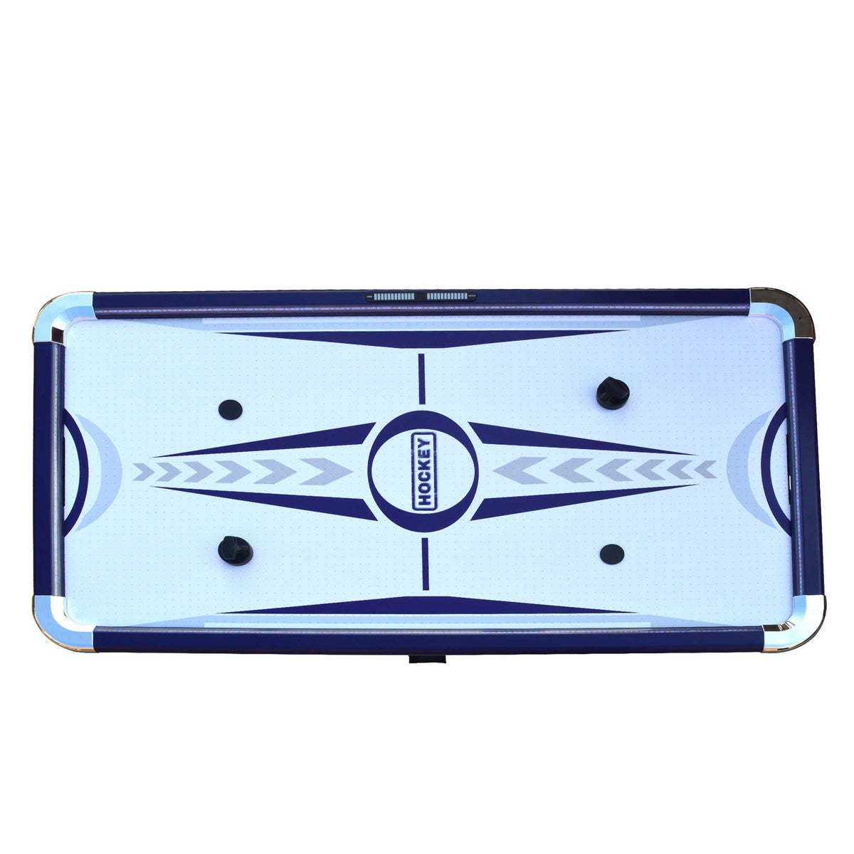 Hathaway Phantom II Air Hockey Table - playfield from above with four pucks on the blue graphic