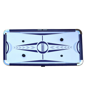 Hathaway Phantom II Air Hockey Table - playfield from above with four pucks on the blue graphic