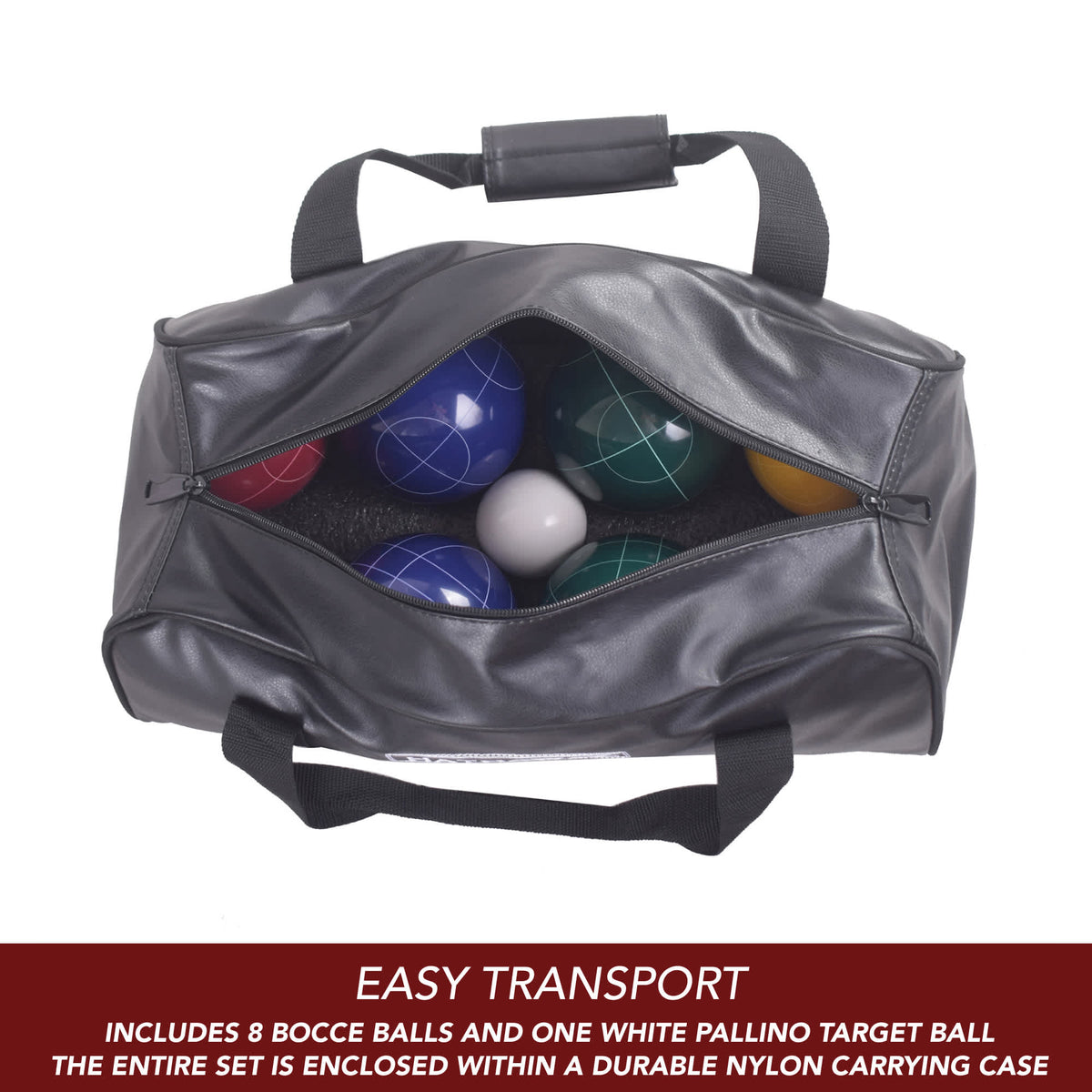 Hathaway Deluxe Bocce Set - case open showing all eight balls and the white pallino