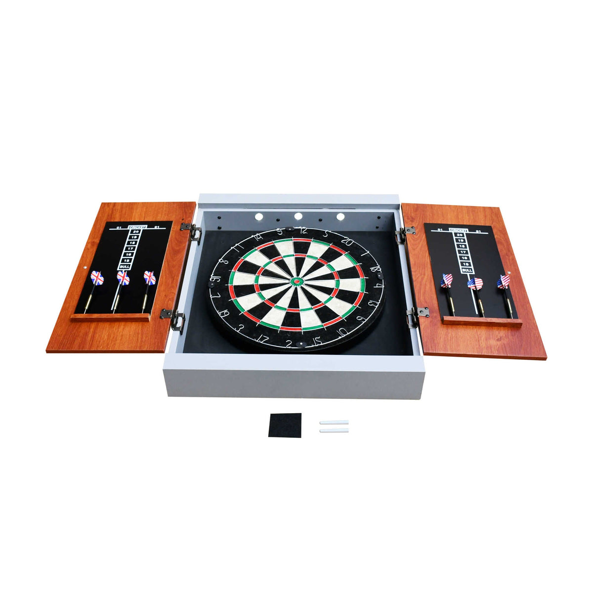 Hathaway Geneva Dartboard Cabinet - opened flat with board, scoreboards, darts and chalk