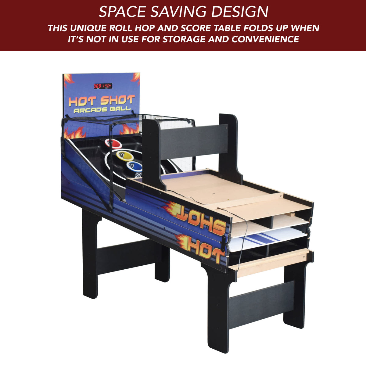Hathaway Hot Shot Arcade Ball Table - lane folds up onto the cabinet for storage