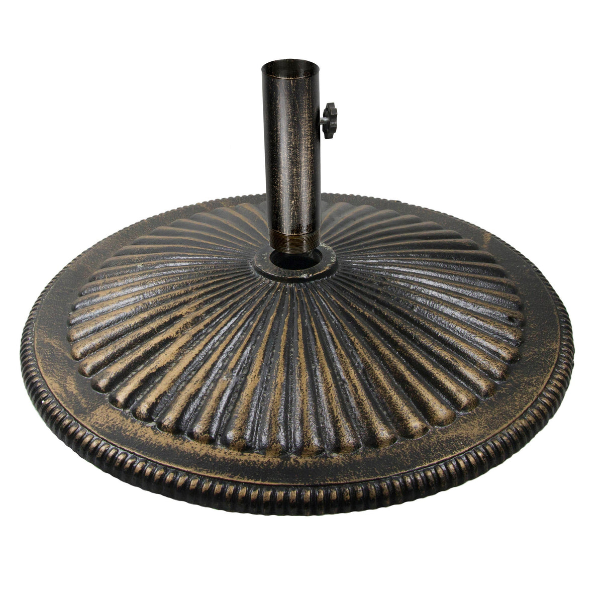 Island Umbrella Classic Cast Iron Base - three-quarter view with the stem fitted and knob visible