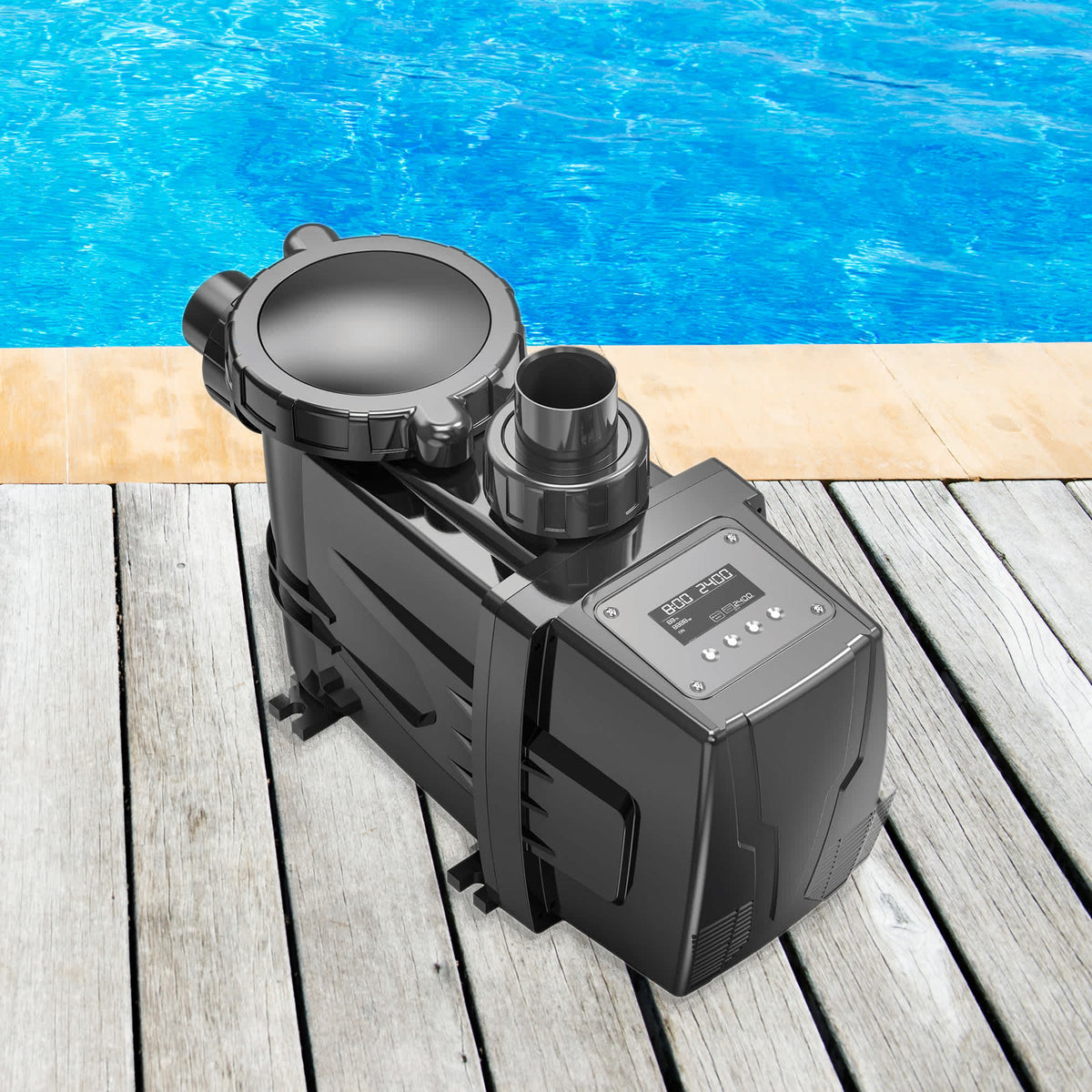 Blue Wave FlowXtreme PRO VS Pool Pump - pump installed on decking beside an above-ground pool