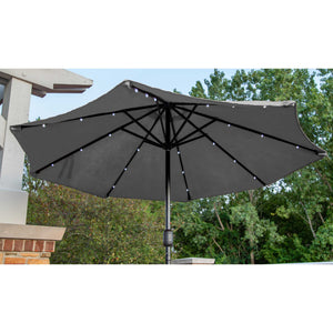 Island Umbrella Mirage Fiesta Umbrella - LED rib strips lit under the grey canopy at dusk