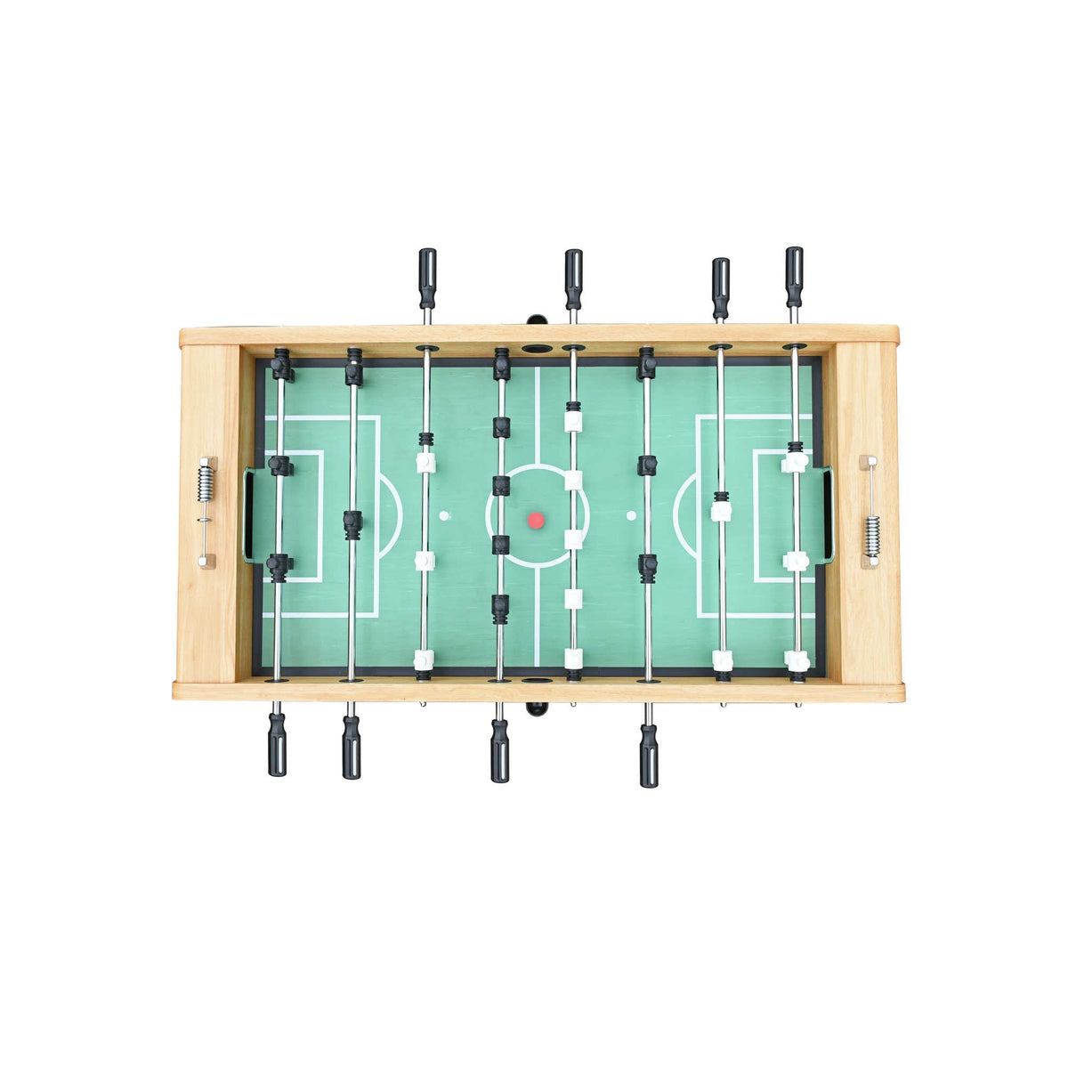 Hathaway Center Stage Foosball Table - playfield from above with both teams and the ball spot