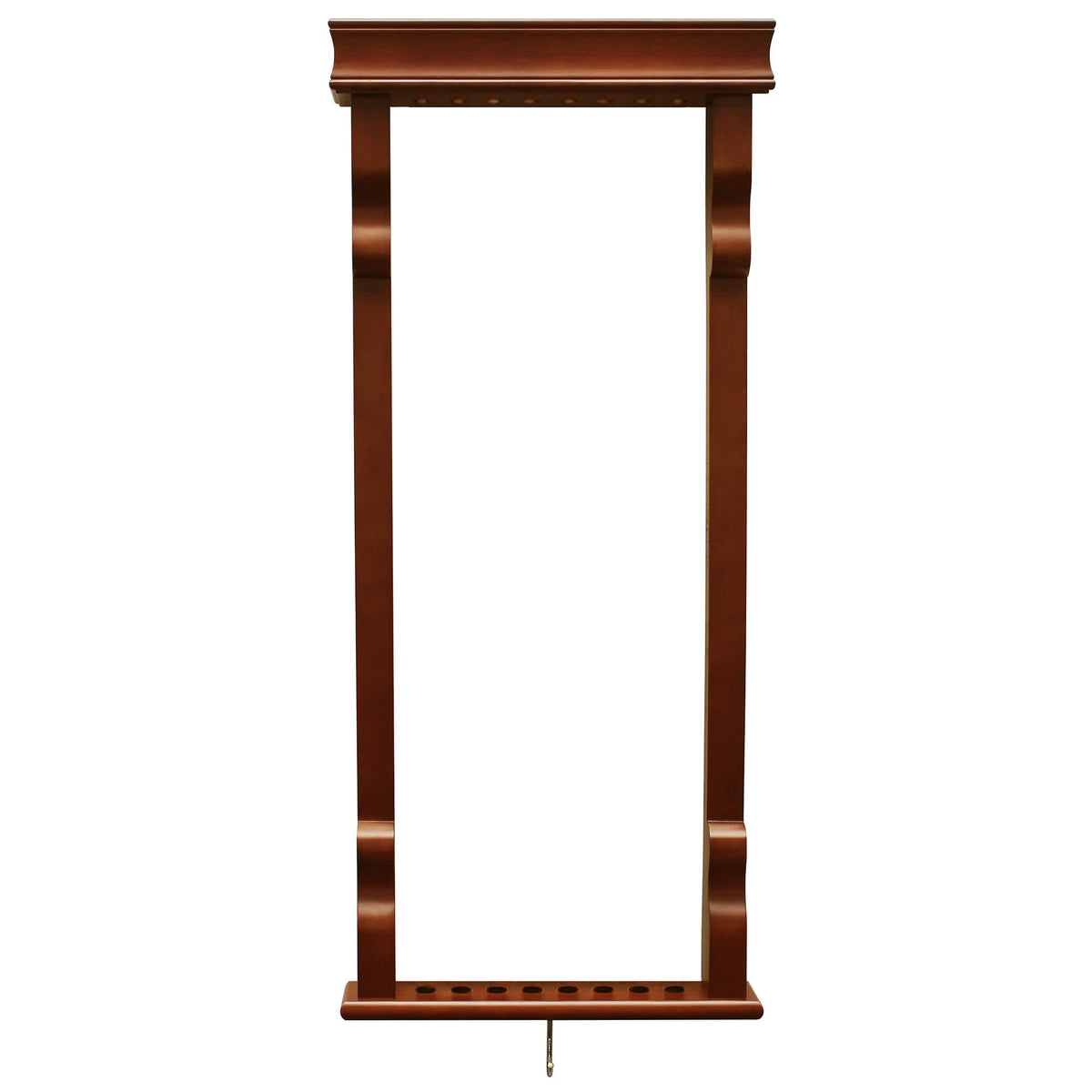 Hathaway Vintage Wall Cue Rack - mahogany wall rack with cue clips above and heel holes below