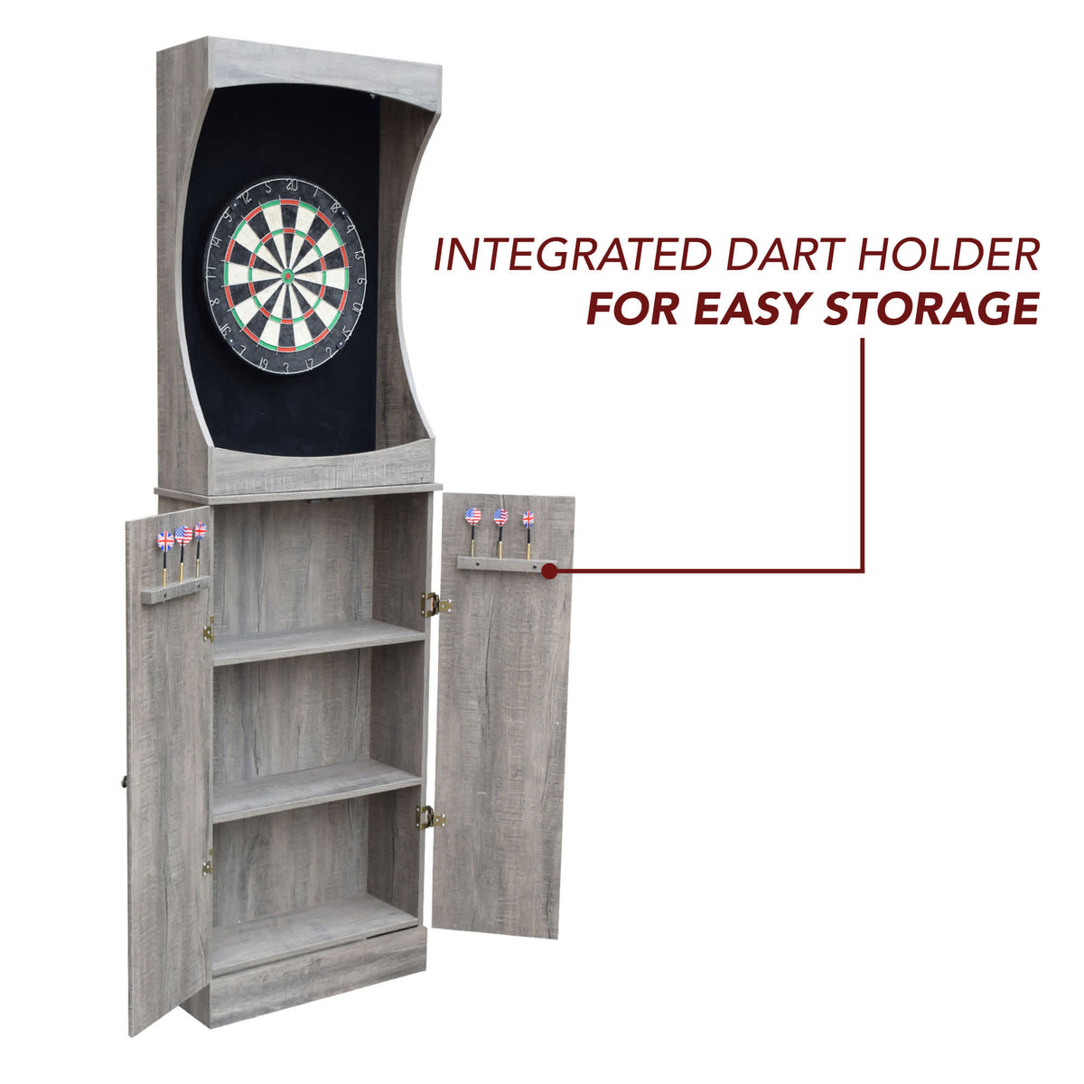 Hathaway Westwood Dartboard Cabinet - doors open showing shelves and the integrated dart holders