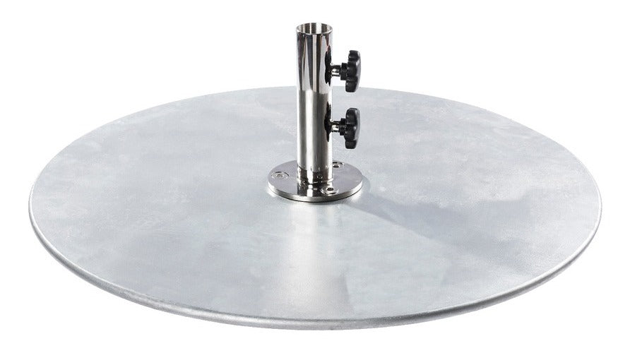 Ledge Lounger galvanized steel stack umbrella base — shown stacked with the stem fitted