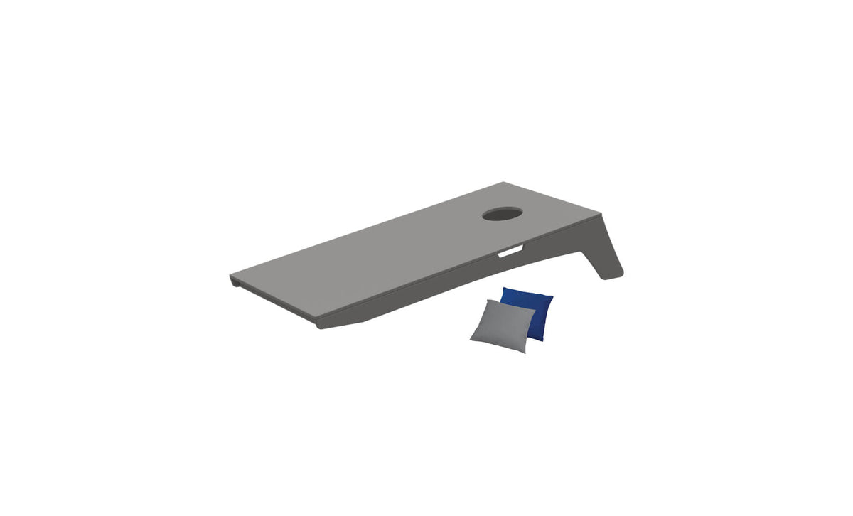 Ledge Lounger Cornhole Toss — gray resin boards, angled view