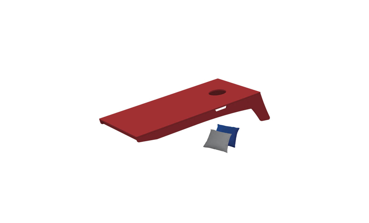 Ledge Lounger Cornhole Toss — red resin boards, angled view