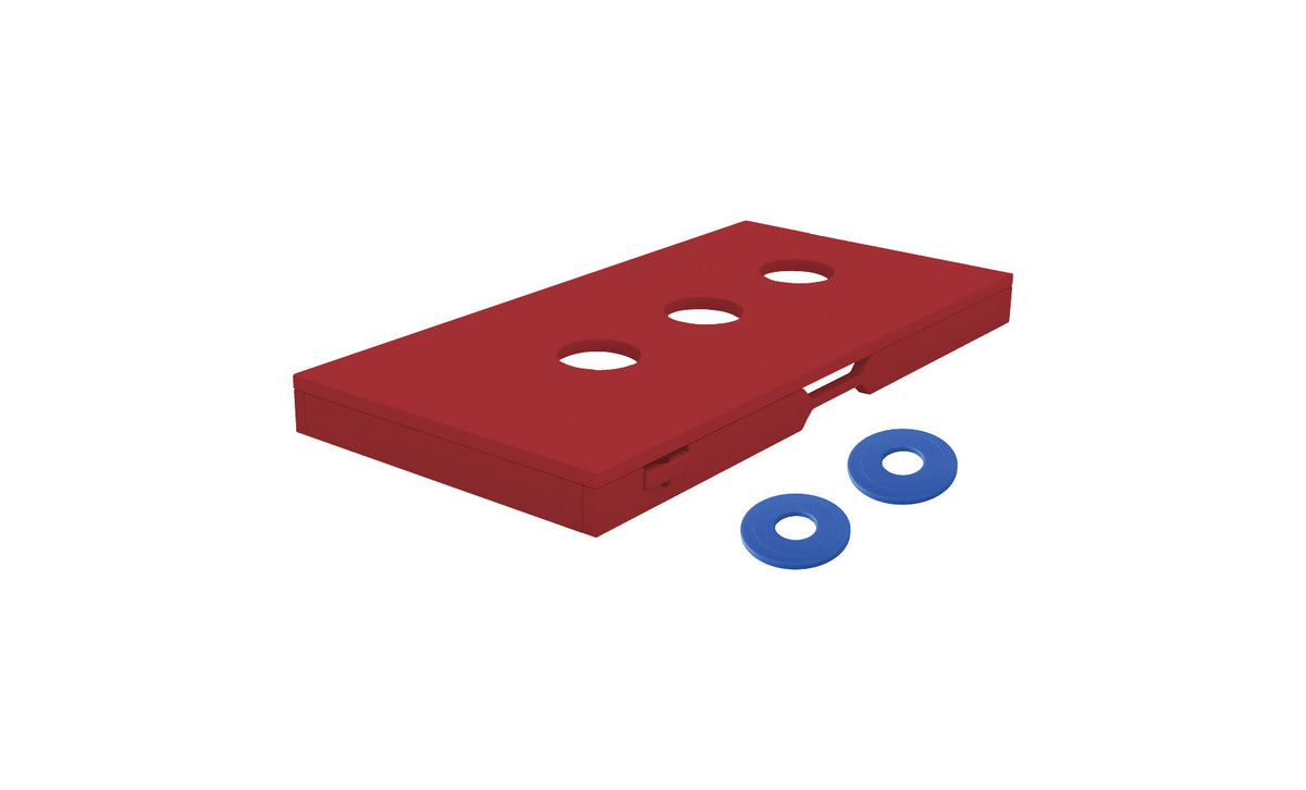 Ledge Lounger Washers — red resin washer toss boxes, angled view