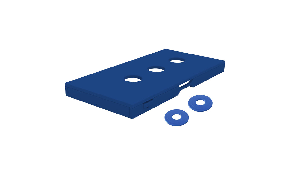 Ledge Lounger Washers — navy resin washer toss boxes, angled view