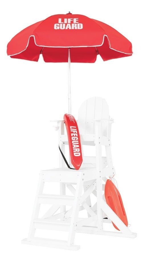 Ledge Lounger Guardian Umbrella — 6.5 ft lifeguard umbrella shown open on a pool deck