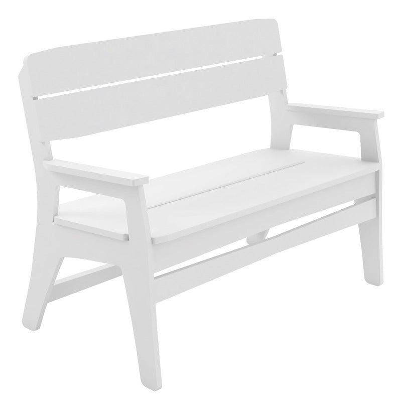 Ledge Lounger Mainstay bench — white resin outdoor bench, angled view