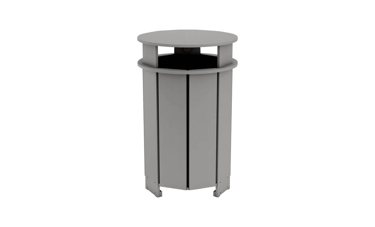 Ledge Lounger Mainstay round trash bin — gray colourway, front view