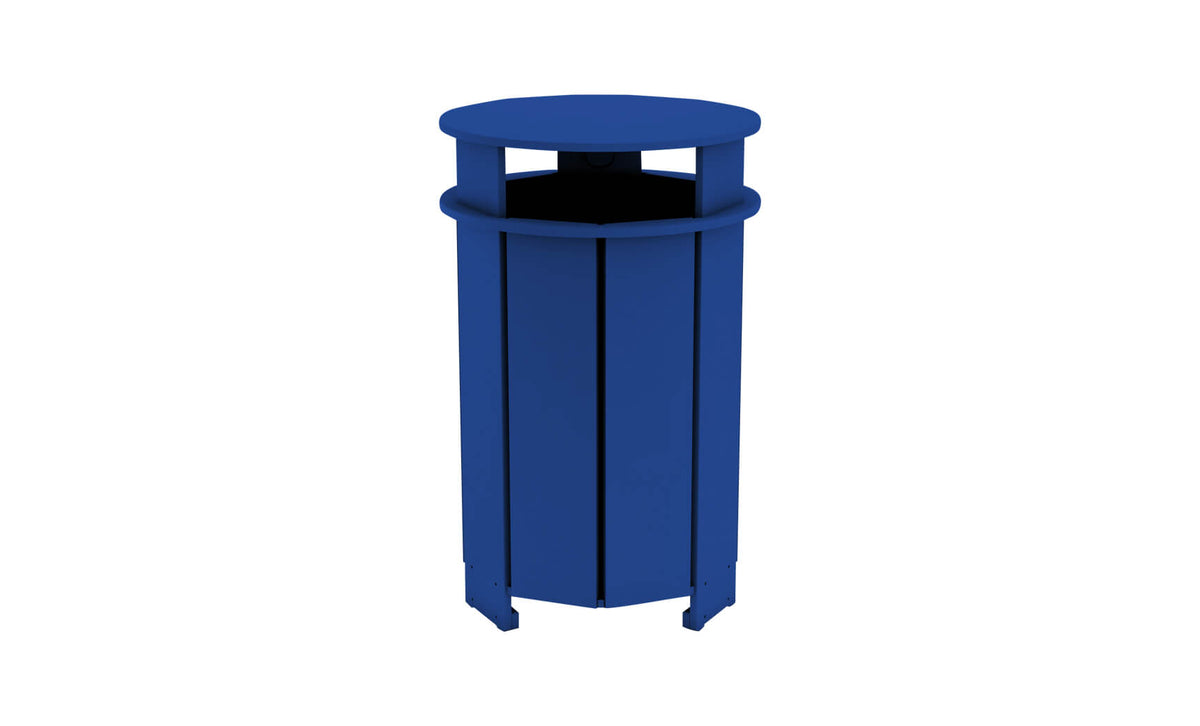 Ledge Lounger Mainstay round trash bin — navy colourway, front view