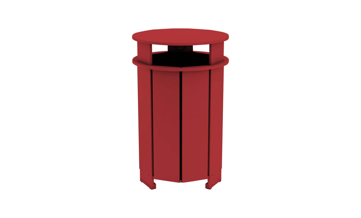 Ledge Lounger Mainstay round trash bin — red colourway, front view