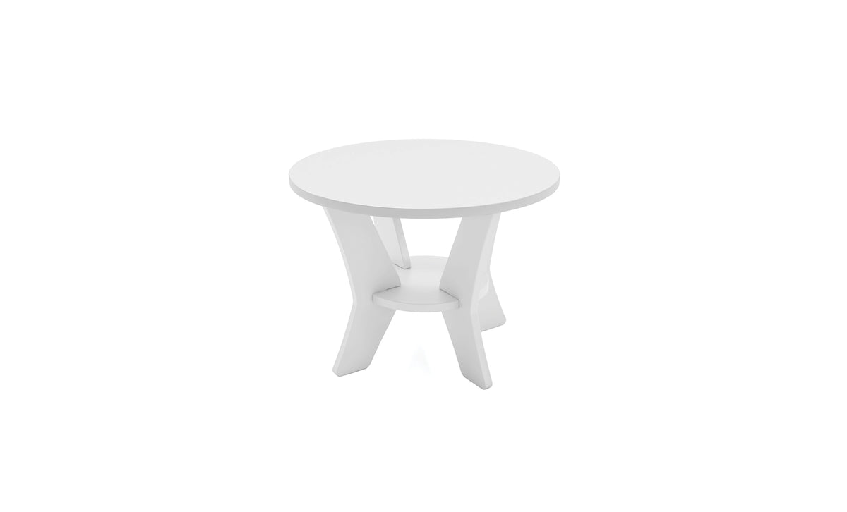 Ledge Lounger Mainstay side table — round version, angled view
