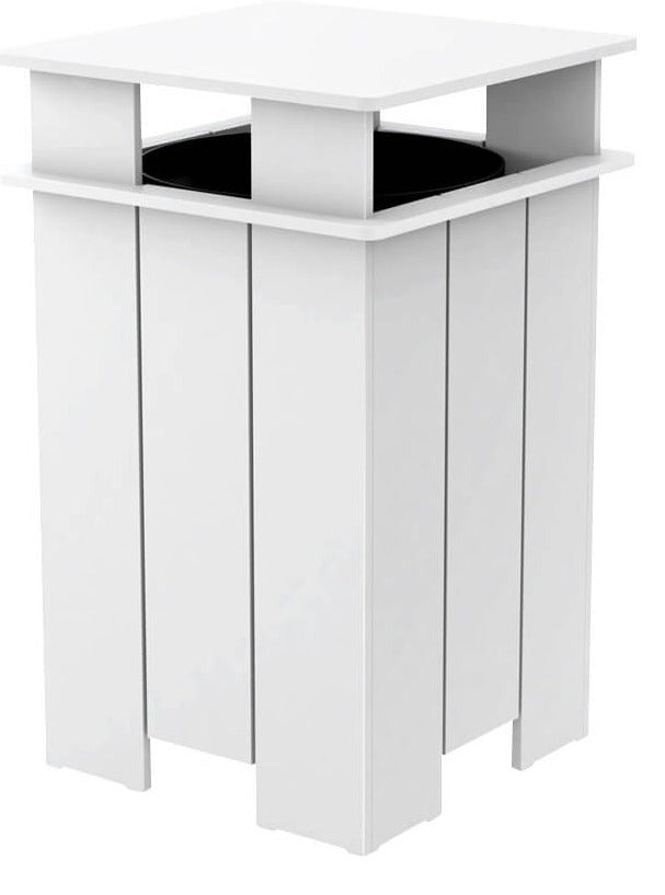 Ledge Lounger Mainstay square trash bin — white square outdoor trash bin, front view