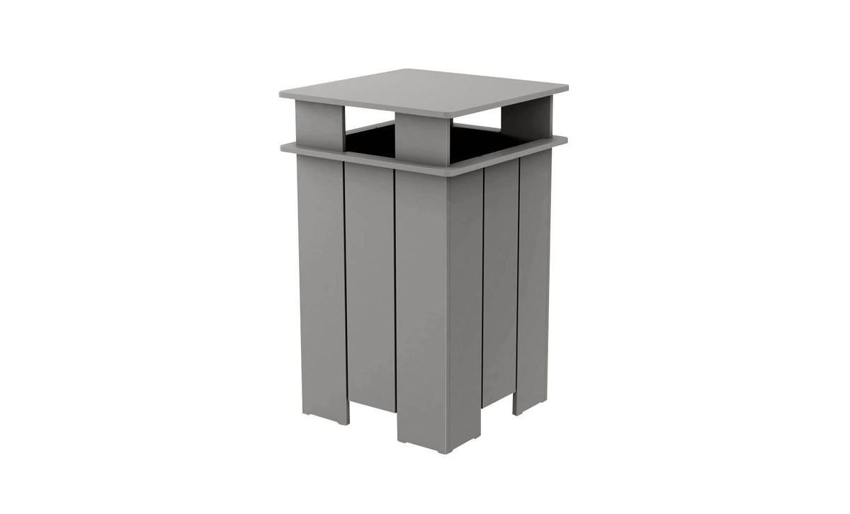 Ledge Lounger Mainstay square trash bin — gray colourway, front view