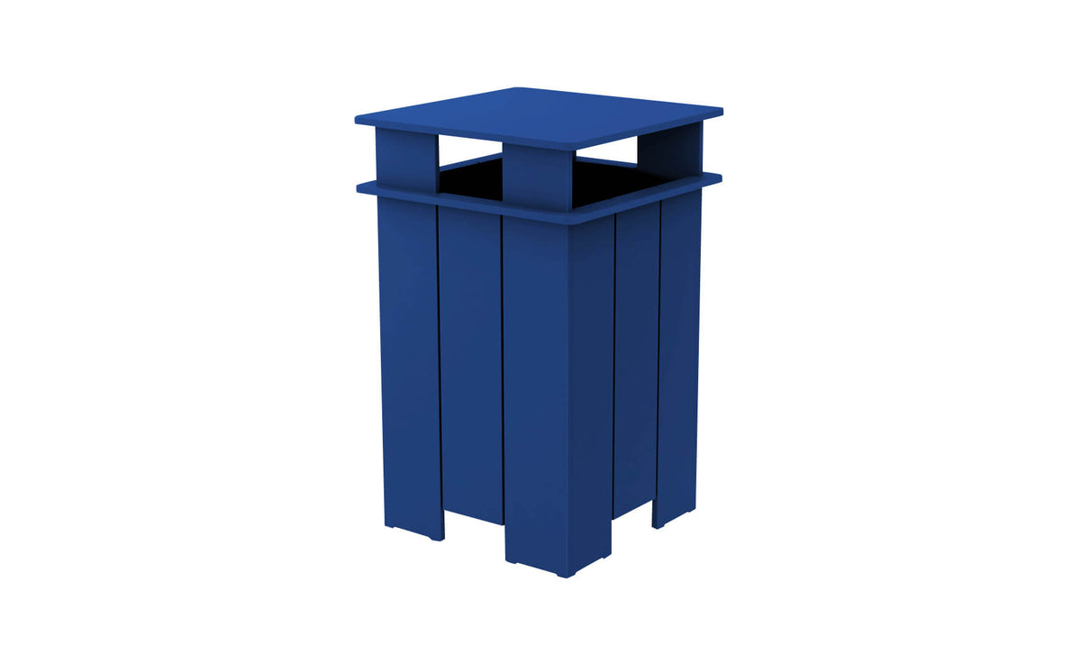 Ledge Lounger Mainstay square trash bin — navy colourway, front view