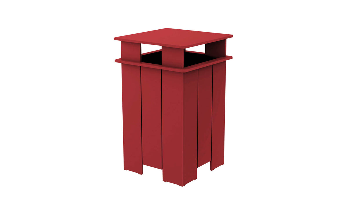 Ledge Lounger Mainstay square trash bin — red colourway, front view