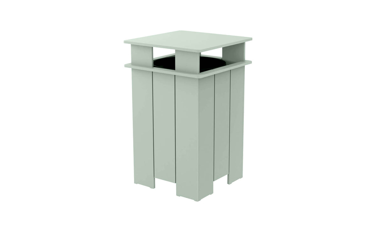 Ledge Lounger Mainstay square trash bin — sage green colourway, front view