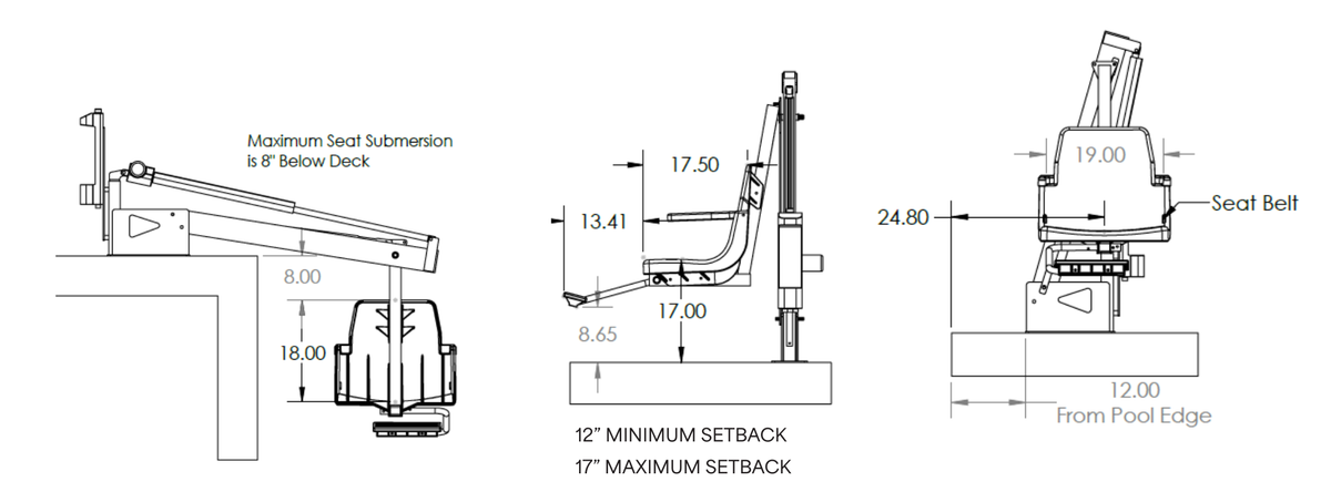 Global Pool Products Legend L-350R2 pool lift dimension drawing