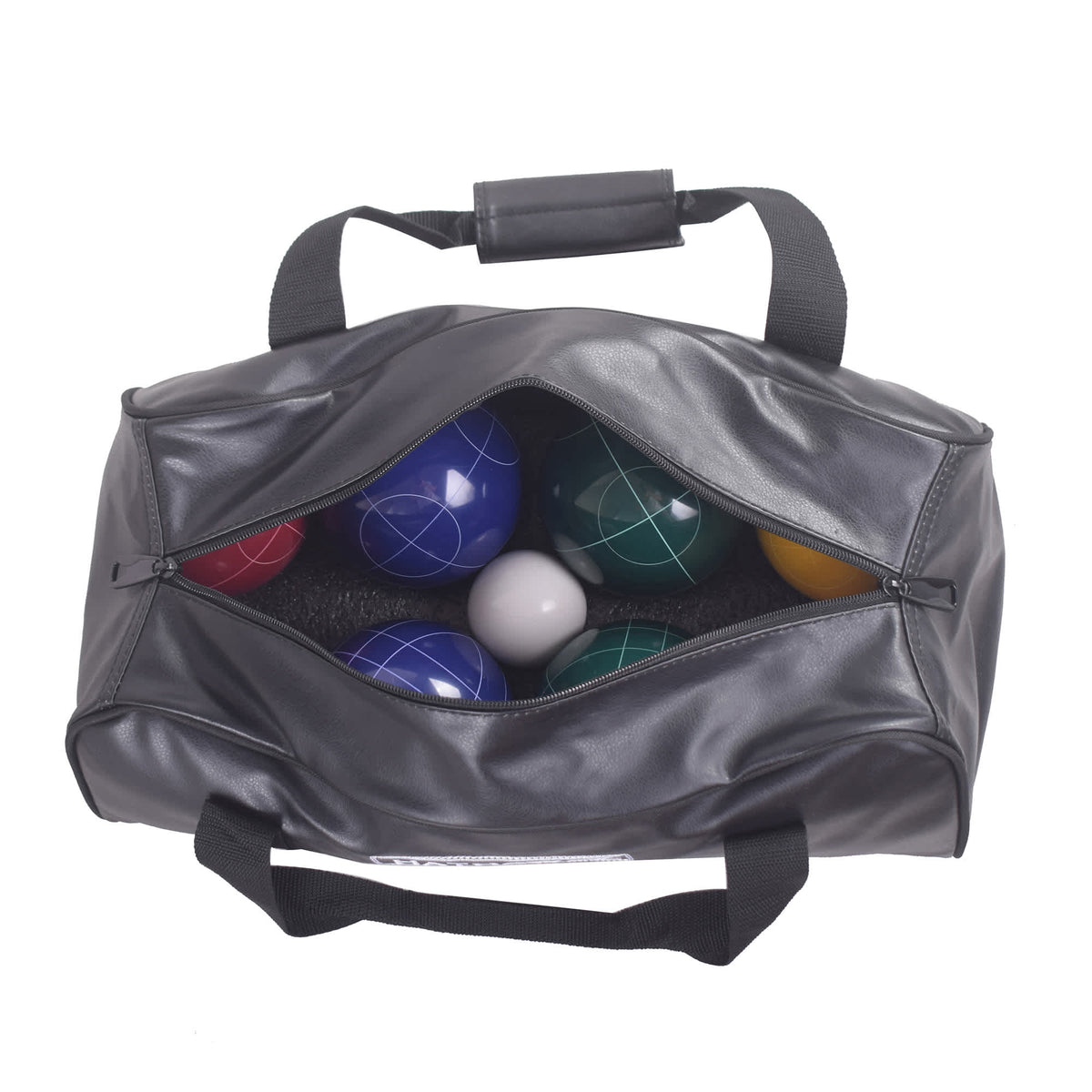 Hathaway Deluxe Bocce Set - unzipped case from above with the balls seated in the moulded base
