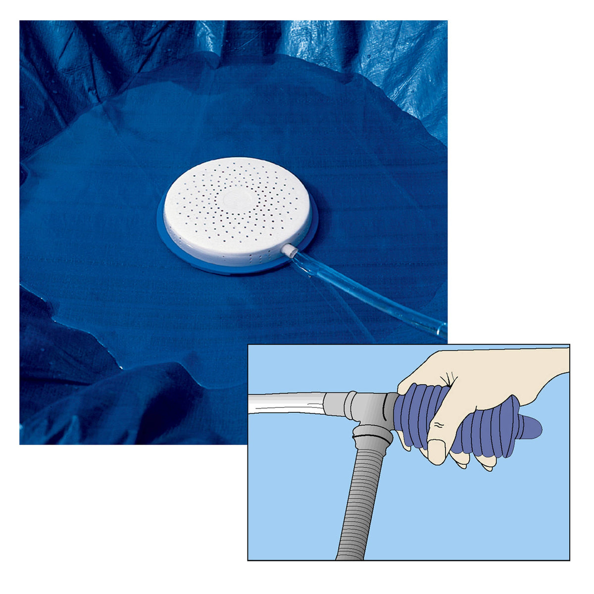 Blue Wave Winter Pool Cover Drain - drain in place on the cover with an inset showing the hose connection