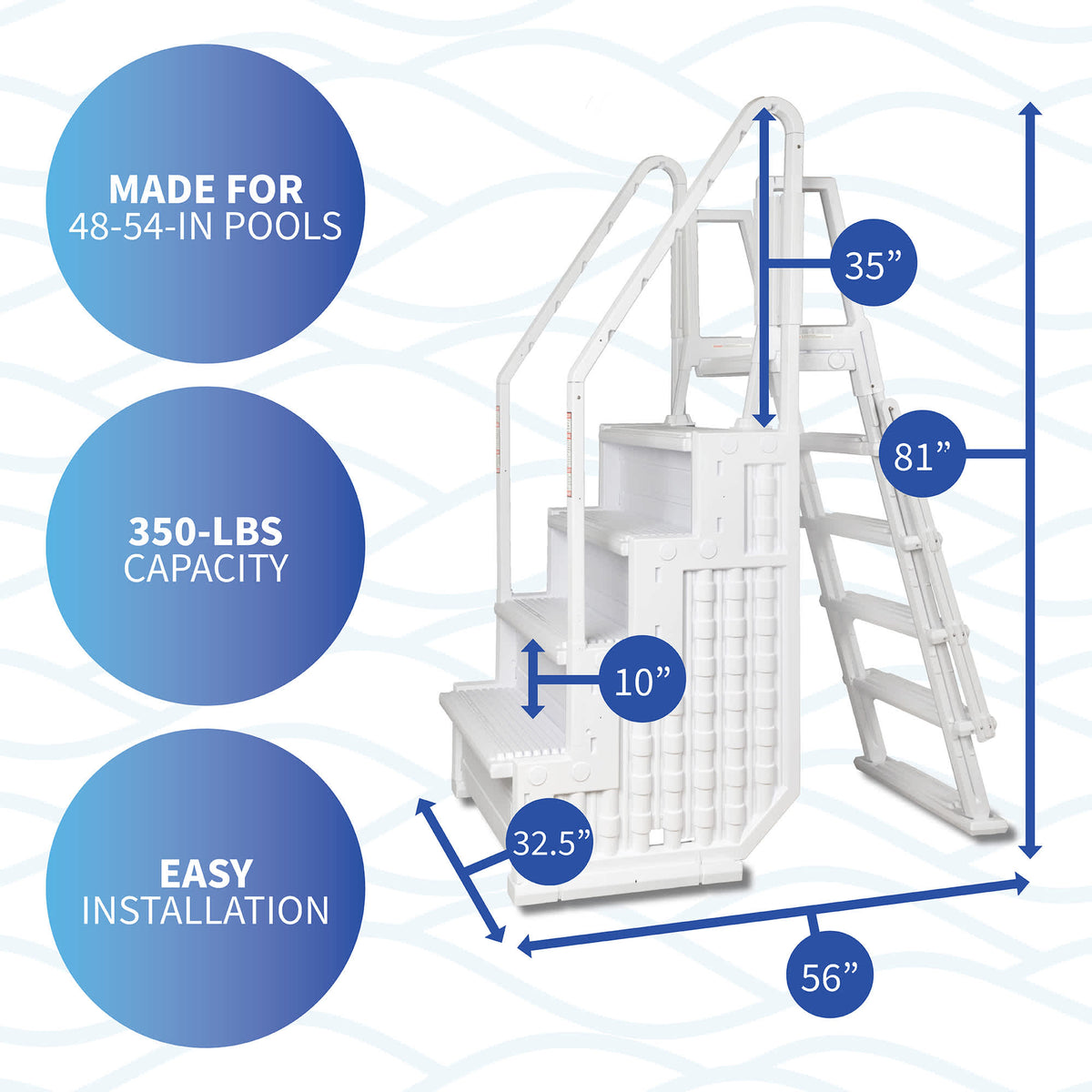 Blue Wave Easy Pool Step with Outside Ladder - 81 in high, 35 in handrail width, 56 in overall depth