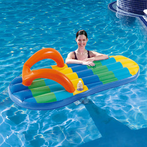 Blue Wave Beach Striped Flip Flop Pool Float - swimmer resting on the float in a pool
