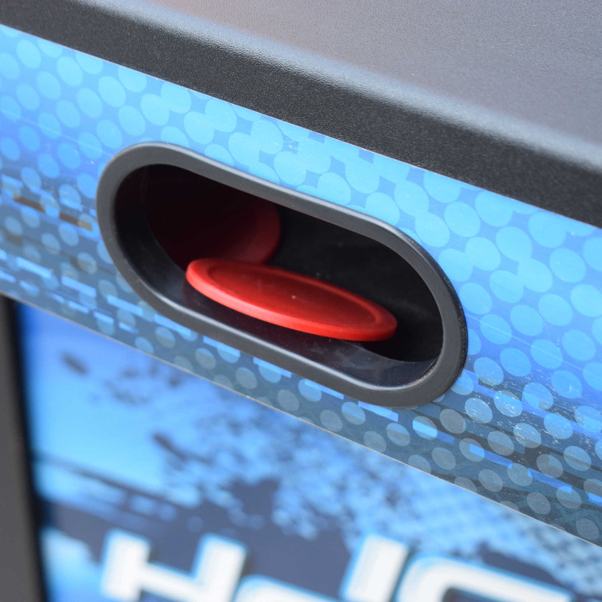 Hathaway Face-Off Air Hockey Table - puck return slot in the printed side panel