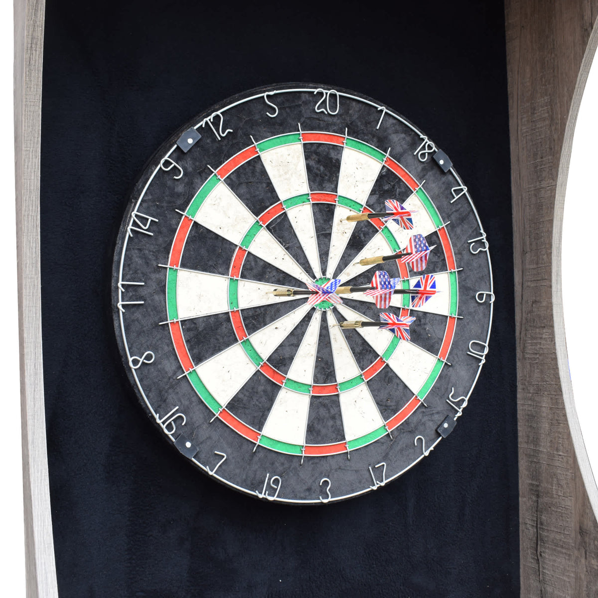 Hathaway Westwood Dartboard Cabinet - bristle board with six darts grouped near the bullseye