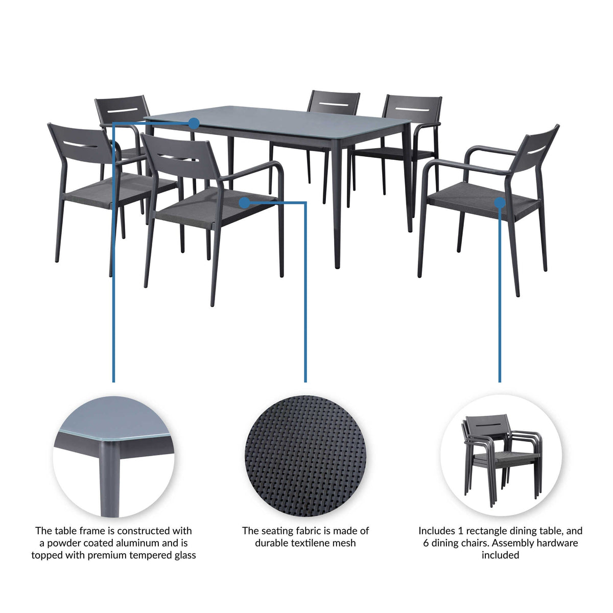 Island Retreat Bali 7-Piece Contemporary Outdoor Patio Dining Set - Slate Grey Patio Furniture — shown from the opposite side