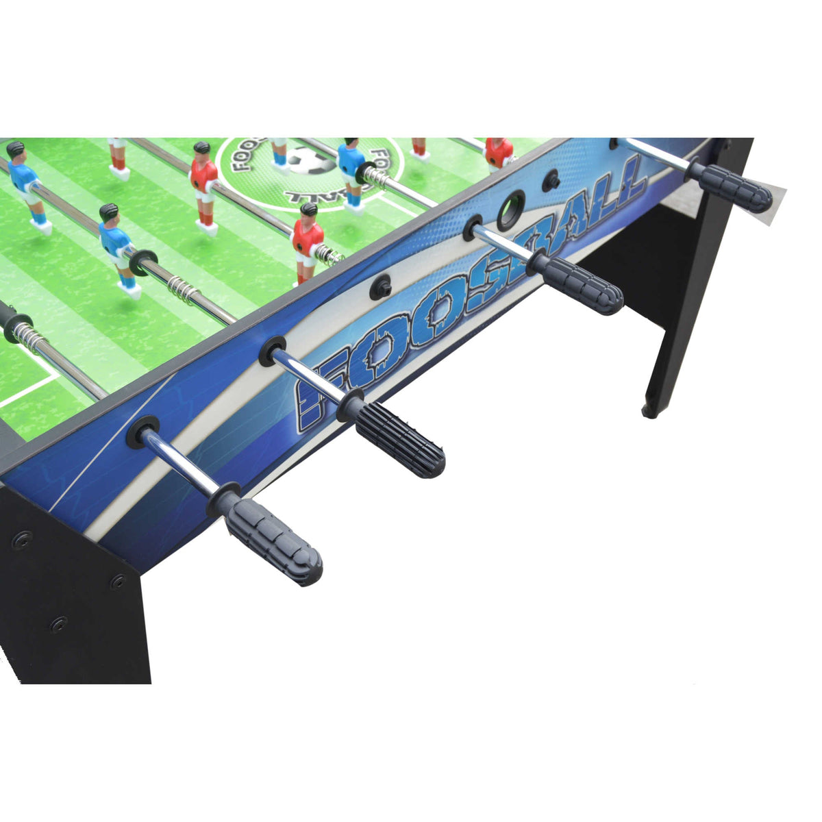 Hathaway Allure Foosball Table - side cabinet close-up with octagonal handles and rod bearings