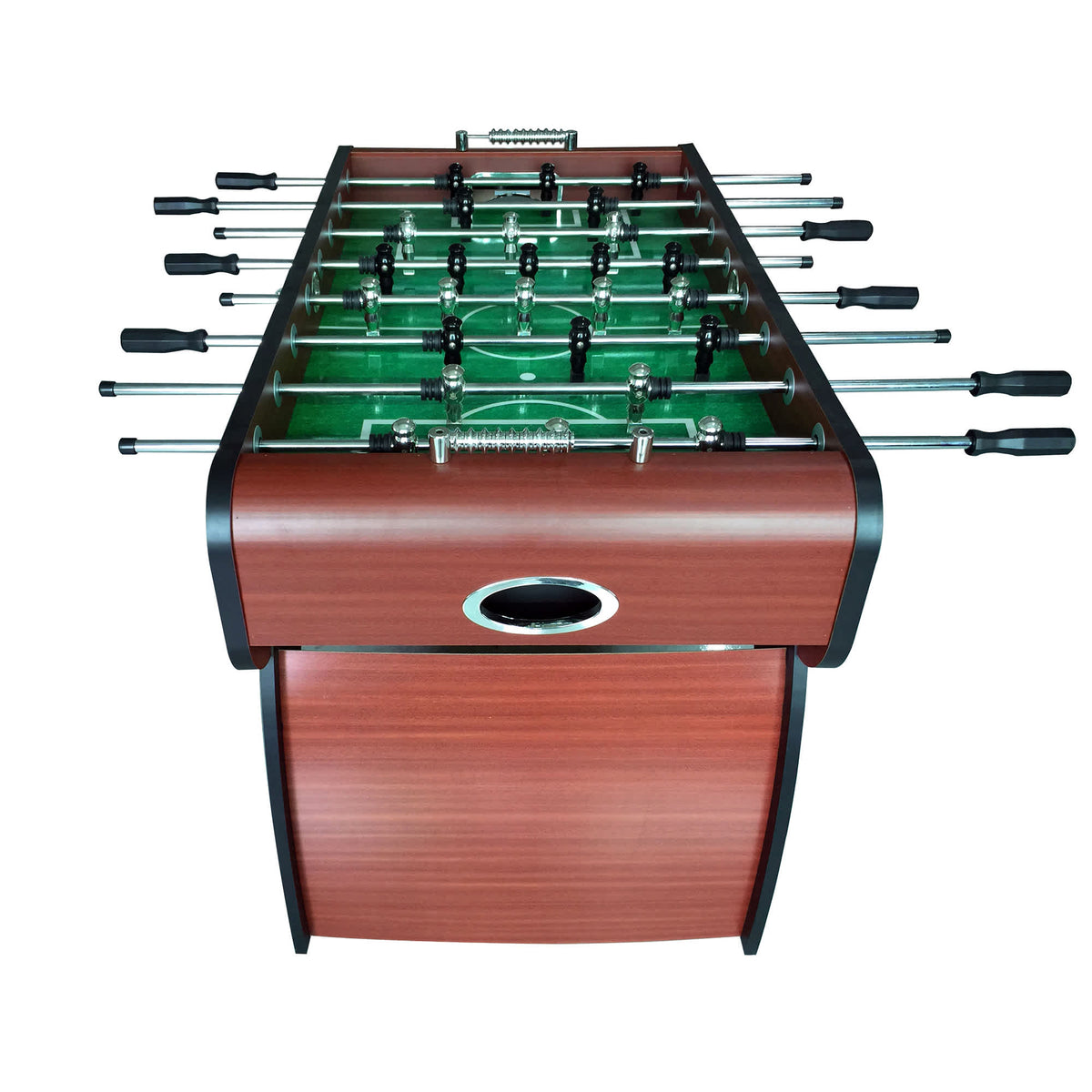 Hathaway Metropolitan Foosball Table - end-on view showing the curved cherry cabinet and ball return