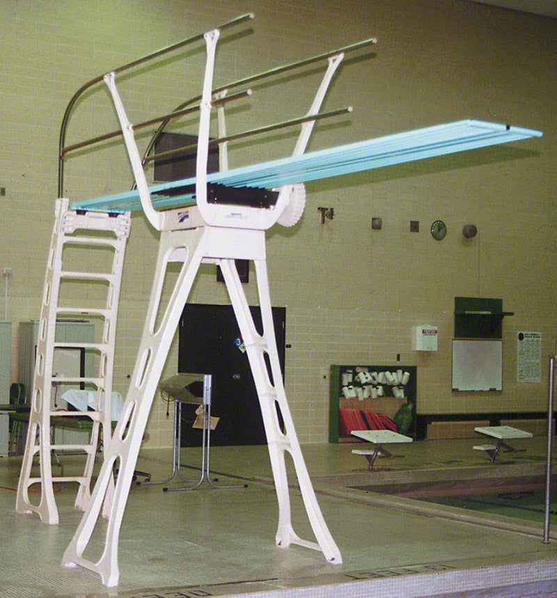 Duraflex three-meter diving stand 3M — installed at an indoor pool