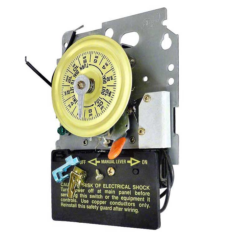Intermatic T104M201 time switch mechanism with fireman switch, three-quarter view