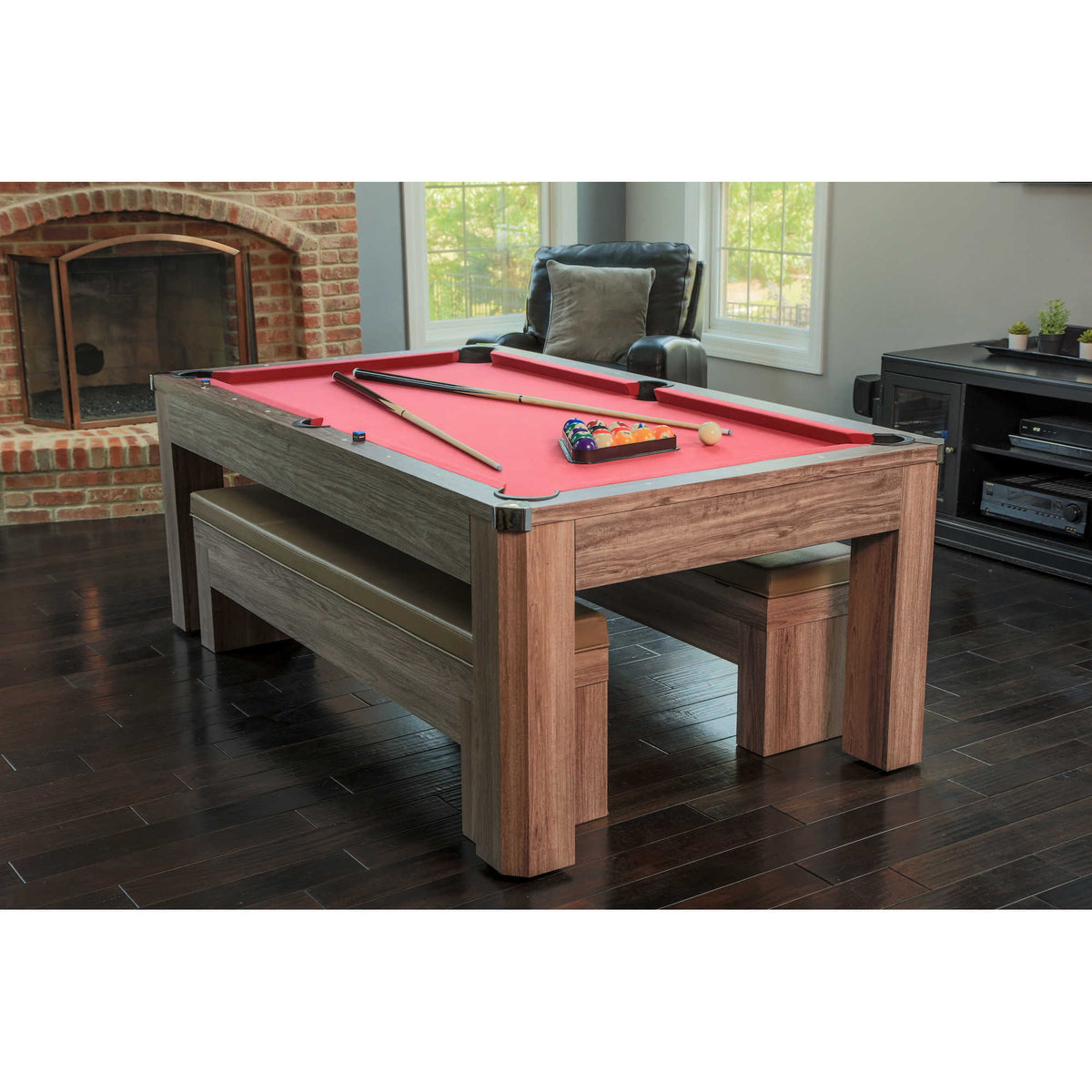 Hathaway Newport 7-ft Pool Table Combo Set with Benches - Light Oak with Red Felt Game Room Table — shown in use